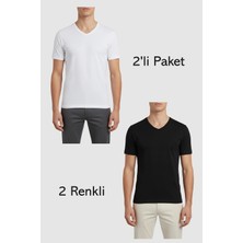Balkonda Erkek V Yaka Tişört Pamuklu 2'li Paket 2 Renk Esnek Slim Fit - Ceylanoğlu