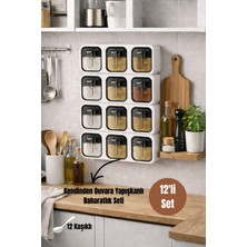 Dory 12'li Kendinden Duvara Yapışkanlı Kaşıklı Baharatlık Takımı -  Kapaklı Baharat Standı Beyaz