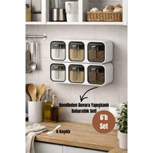 Dory 6'lı Kendinden Duvara Yapışkanlı Kaşıklı Baharatlık Takımı - Kapaklı Baharat Standı Beyaz