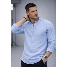 Valiberta Hafif ve Nefes Alabilir Erkek Müslin Yarım Pat Hakim Yaka Oversize Gömlek - Buz Mavi