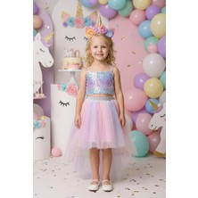 Butik Happy Kids Kız Çocuk Unicorn Temalı Payetli Crop Kuyruklu Tütü Etek Ikili Takım 3-7 Yaş