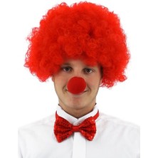 Ett Kırmızı Renk Kıvırcık Afro Bonus Peruk Takma Saç ve Kırmızı Burun Seti