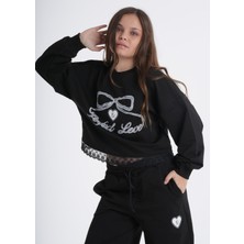 Haykids Kız Çocuk Dantel Detaylı Bol Paça Alt Üst Eşofman Takımı Siyah-9 Yaş