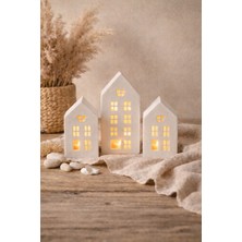 AkanArt Studio 3’lü Ev Şeklinde Beyaz Dekoratif Mumluk Seti – El Yapımı Modern Tasarım