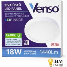 Venso Sıva Üstü 18 Watt Yuvarlak Kasa LED Panel – Beyaz Işık (1440 Lümen)