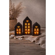 AkanArt Studio 3’lü Siyah Ev Şeklinde Dekoratif Mumluk Seti – Modern Minimal Tasarım