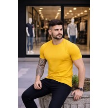 ModaSize Erkek T-Shirt Bisiklet Yaka Slim Fit Dar Kesim Likralı Tişört Günlük Basic Body - Sarı