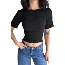 Caddebostan Moda Basic Gofre Trend Sırt Dekolte Detaylı Kısa Crop Siyah Kadın Bluz