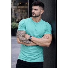 ModaSize Erkek T-Shirt Bisiklet Yaka Slim Fit Dar Kesim Likralı Tişört Günlük Basic Body - Turkuvaz