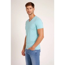 ModaSize Erkek T-Shirt V Yaka Slim Fit Dar Kesim Likralı Tişört Günlük Basic Body - Turkuvaz
