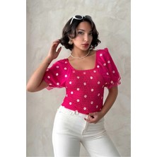 Caddebostan Moda Papatya Desenli Gipe Detaylı Balon Kol Şifon Bluz