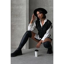 Caddebostan Moda Kadın Saç Örgü Detaylı V Yaka Ajurlu Triko Bluz Üst