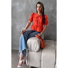 Essence Bouteille Önden Bağlamalı Balon Kol Poplin Bluz