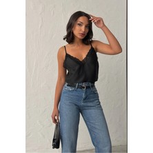 Caddebostan Moda Siyah V Yaka Dantelli Atlet Bluz Modern Premium Luxury Trend Tasarım Atlet Bluz