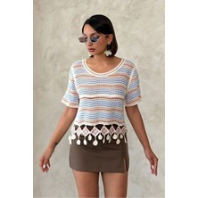Caddebostan Moda Kadın Ponpon Detaylı File Örgü Crop Bluz Bohem Çizgili Kısa Kollu Triko Üst