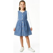 Modanino Kız Çocuk 2'li Jean Elbise (Çift Cepli Jean ELBISE+BLUZ)12533