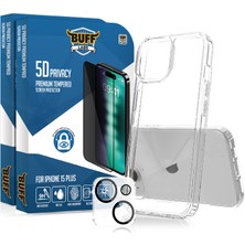Buff Labs Buff iPhone 15 Plus Avantaj Paket - 2X5D Ekran Koruyucu + Şeffaf Kılıf + Lens Koruyucu Privacy