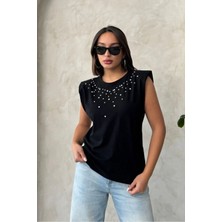 Caddebostan Moda Kadın Taş Işlemeli Vatkalı Kolsuz Bluz Şık Tasarım Pamuklu Tişört