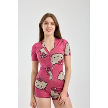 Win Moda Kadın Kısa Kol Basklı Düğmeli Hello Kitiy ve Ayı Desenli  Esnek Kumaş Pijama Tulum