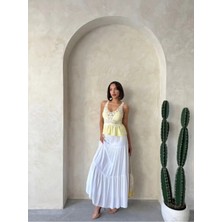 Caddebostan Moda Kadın Güpür Detaylı Askılı Bohem Bluz Püsküllü Dantelli Şık Crop Üst