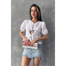 Essence Bouteille Önden Bağlamalı Balon Kol Poplin Bluz