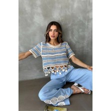 Caddebostan Moda Kadın Ponpon Detaylı File Örgü Crop Bluz Bohem Çizgili Kısa Kollu Triko Üst