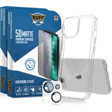 Buff Labs Buff iPhone 15 Plus Avantaj Paket - 2X5D Ekran Koruyucu + Şeffaf Kılıf + Lens Koruyucu Matte