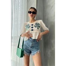 Caddebostan Moda Kadın Nakışlı Dantel Detaylı Şifon Kollu Bohem Bluz