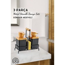 Feyza Design Metal Standlı Siyah Ahşap Detaylı Banyo Temizlik Seti, Sünger Hediye