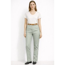 CGA Kadın Pantolon Haki Likralı Beli Kemerli Licralı Gabardin Pantolon