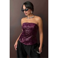 Caddebostan Moda Mürdüm Straplez Pullu Arkadan Fermuarlı Bluz Modern Premium Luxury Trend Tasarım Bluz