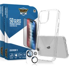 Buff Labs Buff iPhone 15 Avantaj Paket - 2X5D Ekran Koruyucu + Şeffaf Kılıf + Lens Koruyucu Glass