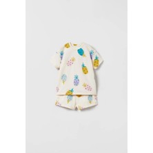 Magu Unisex Çocuk Pamuklu Ekru Ananas Desenli T-Shirt Şort Takım - Yazlık Ikili Set