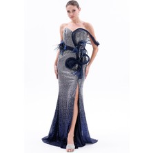 Bdm Exclusive Straplez Aplikeli Pul Payetli Işlemeli Yırtmaçlı Uzun Saten Abiye Elbise