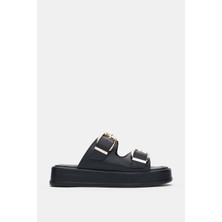 Selin Shoes Valinda Çift Gold Toka Detaylı Kadın Terlik- Siyah