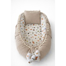 Jaju Baby Bej Pike Kumaş ve Müslin Kumaş Tilki Tasarım Ponponlu Babynest