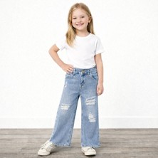 Yiğit Butik Kız Çocuk Açık Mavi Yırtık Detaylı Bol Paça Jean Pantolon