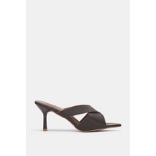 Selin Shoes Ravion Hakiki Deri Asimetrik Kesim Ince Topuklu Kadın Terlik- Kahverengi