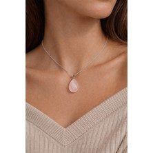 Aurevyn Design Gümüş Renk Çelik Zincir Pembe Kuvars Doğal Taş Damla Uçlu Kadın Kolye