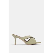 Selin Shoes Ravion Hakiki Deri Asimetrik Kesim Ince Topuklu Kadın Terlik- Haki