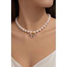 Aurevyn Design Pembe Kuvars Doğal Taş Altın Kaplama Kelebek Kolye