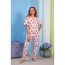 Bunny Hopp Kalp Desenli Yazlık Kız Çocuk Pijama Takımı - Pembe Düğmeli Gömlek Yakalı %100 Pamuklu Takım
