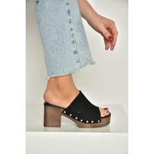 Fox Shoes Y996594002 Siyah Süet Kalın Topuklu Kadın Terlik