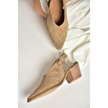 Fox Shoes Y654300402 Bej Hakiki Deri Süet Kalın Topuklu Kadın Ayakkabı