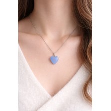 Lia Charm Doğal Mavi Kalsedon Taşı Gümüş Zincirli Kalp Kolye