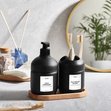 Feyza Design Ahşap Standlı Cam Sıvı Sabun ve Diş Fırçalık Seti Kutulu