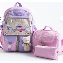 Trg Lila Rooxy Renkli Kore Kawaii Ayıcıklı Okul Çantası Seti –sırt Çantası+Beslenme Çantası+Kalemlik