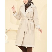 Moda Morfo Beli Kemerli Çift Cepli İçi Kürklü Deri Kaban -Bej