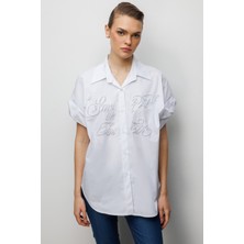 Ekol Kadın Boncuk Işlemeli Balon Kol Pamuk Gömlek 2804 Ekru