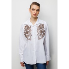 Ekol Kadın Boncuk Işlemeli Uzun Kollu Pamuk Gömlek 2806 Ekru